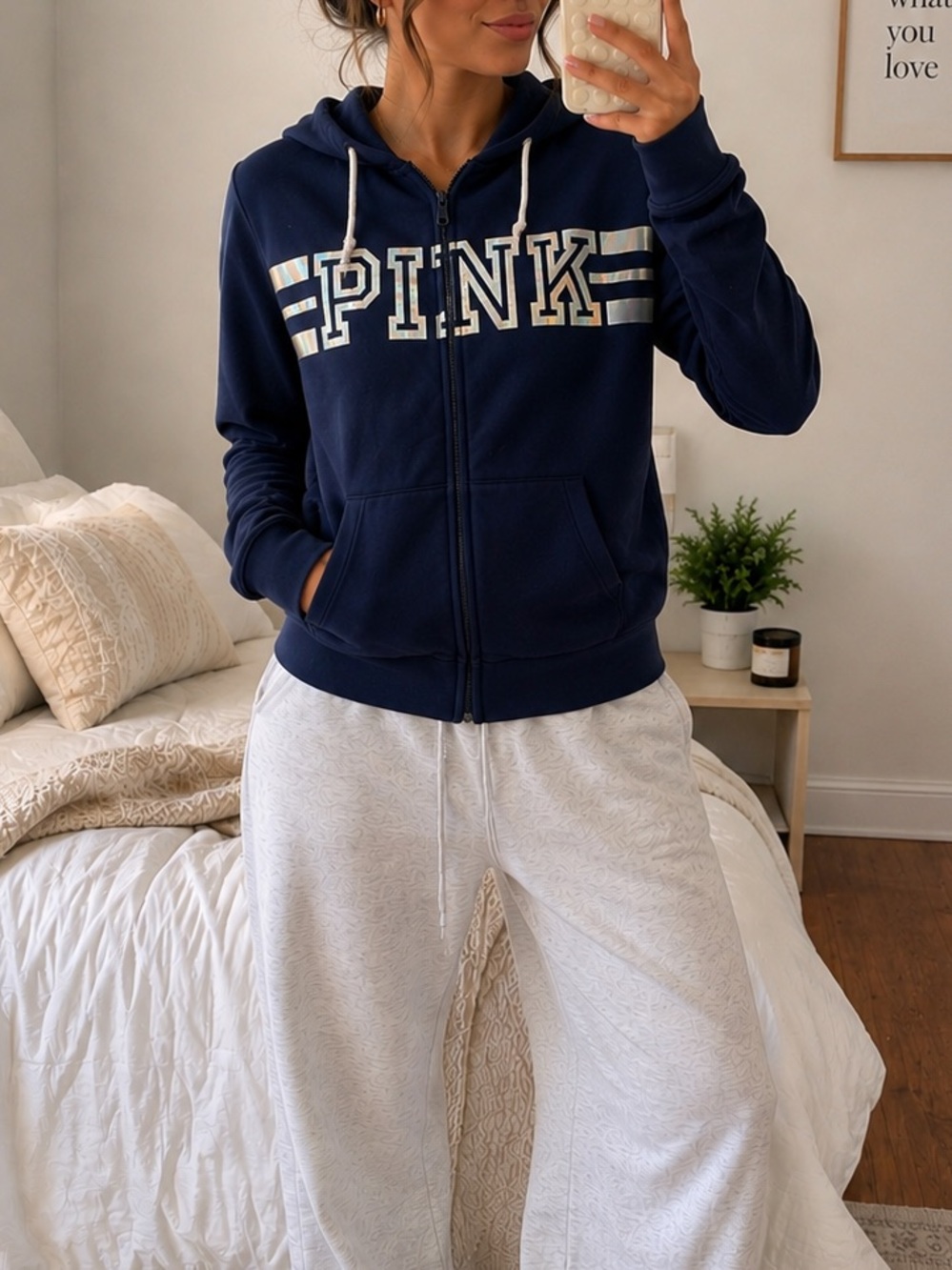 PINK Victoria’s Secret Navy Full Zip Hoodie Holographic Logo Women’s Size L